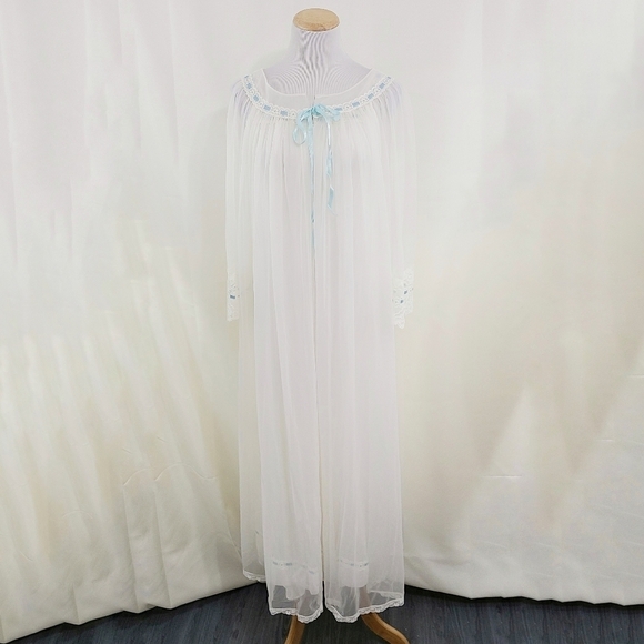 Vintage 60s Peignoir nightgown set ivory blue - Picture 2 of 16